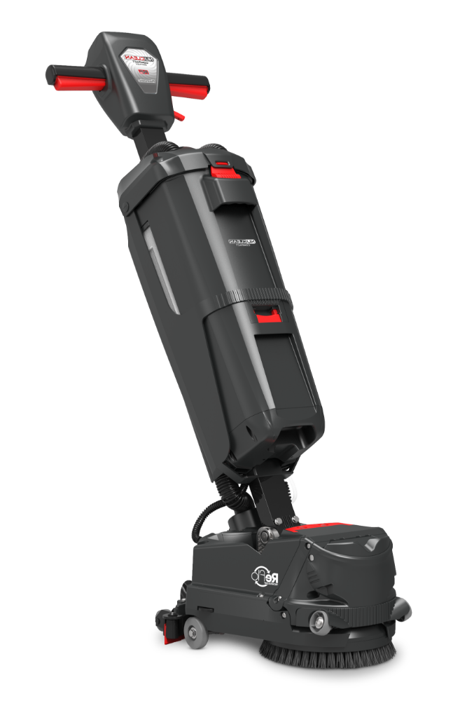 The Numatic 220NX compact floor scrubber dryer shown from the front-left, tilted back in a cleaning position.