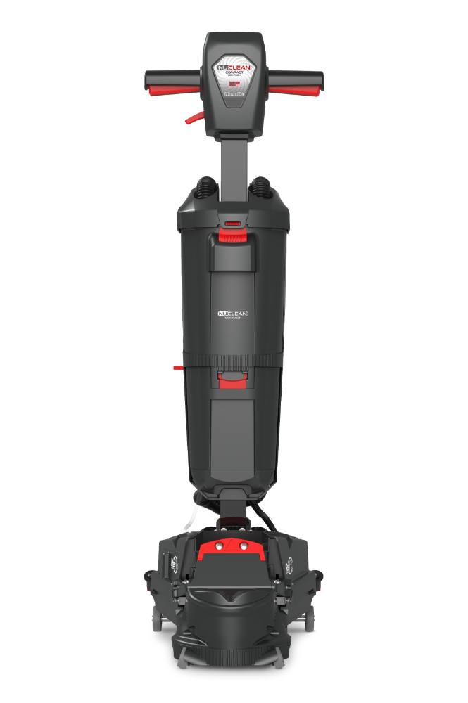 A direct front-on view of the Numatic 220NX compact floor scrubber dryer in its upright, parked position.