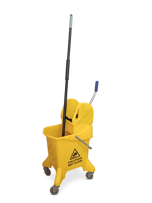 A yellow janitorial mop and bucket with a wringer, representing the old and inefficient method of floor cleaning.