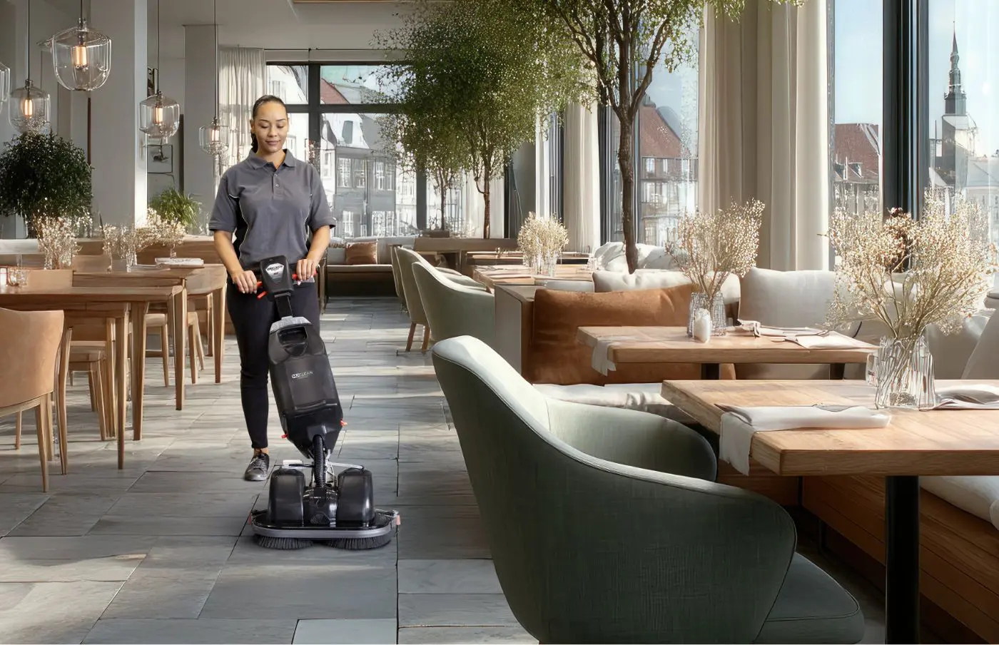 Numatic 440NX scrubber dryer cleaning restaurant flooring near dining area