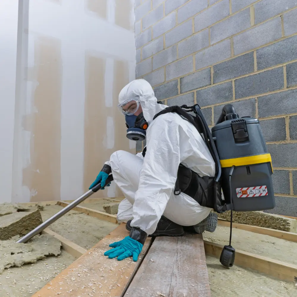 Worker in hazmat suit and respirator using a Numatic RHB150NX H-Class vacuum to clean hazardous insulation materials.