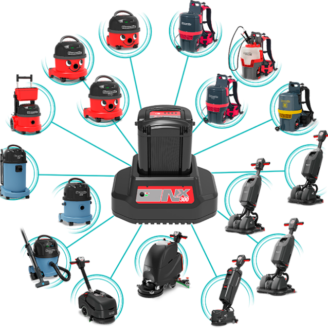 Range of Numatic cleaning machines powered by the NX300 Pro Cordless battery system